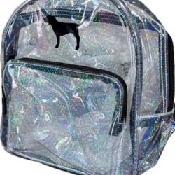 New Victoria’s Secret Pink GLITTER Clear Iridescent MINI Backpack Black Logo