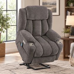Taupe color fabric oversized power massage recliner with heat
