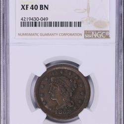 1852 Braided Hair Cent 1c NGC XF 40 BN