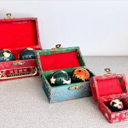 3 Sets Chinese Cloisonné Baoding Stress Balls w/ Silk Brocade Boxes – Yin Yang Sun Moon Designs