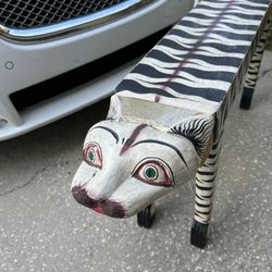 Vintage Tiger Hand Painted Carved Motif Wood Bench 1950s. Rare. Collectible