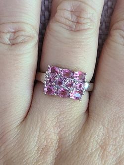 Pretty created pink topaz silver filled ring size 8