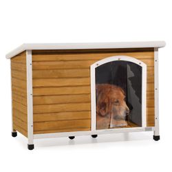 Large Wooden Outdoor Dog House, Waterproof Roof, Elevated Floor, Adjustable Plastic Feet, Yellow 