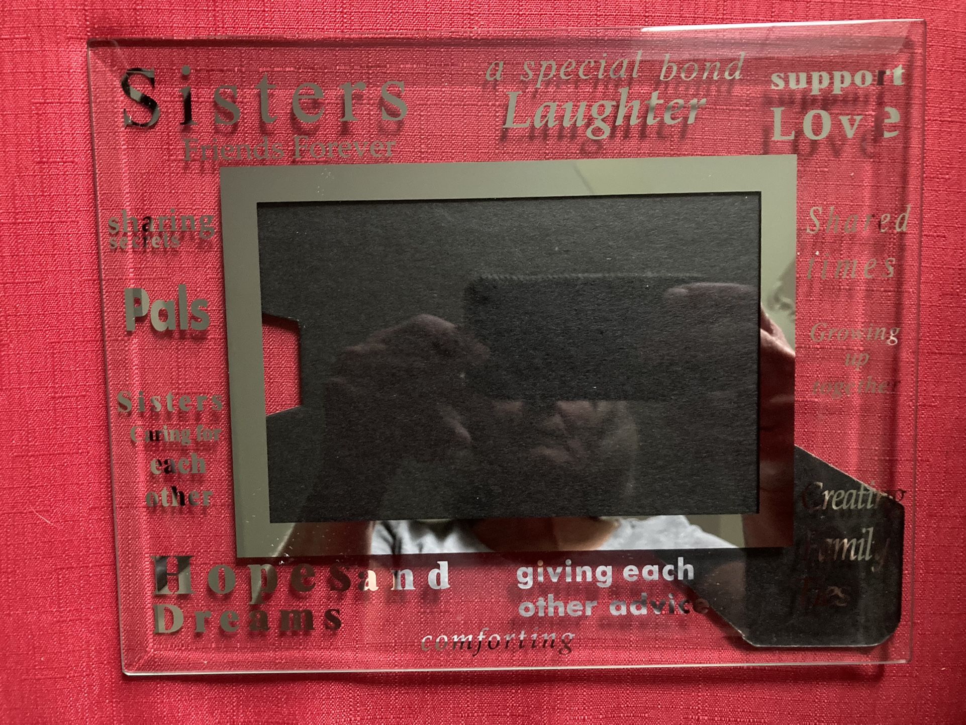 Like New, Heavy Glass Sisters Frame. Sits on Table or Shelf. Holds 4” by 6” Photo.