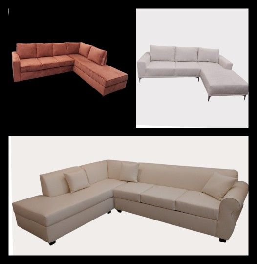 BRAND NEW 7X9FT AND 9X5.5FT SECTIONAL CHAISE COUCHES, Off White LEATHER,  ORAGE FABRIC, OR Cuttle WHITE FABRIC