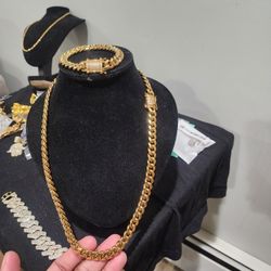 Cuban Link chain And Bracelet Combo gold Plated 