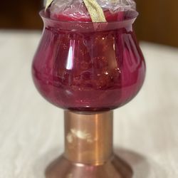 Cranberry Candle Holder With Metal Base