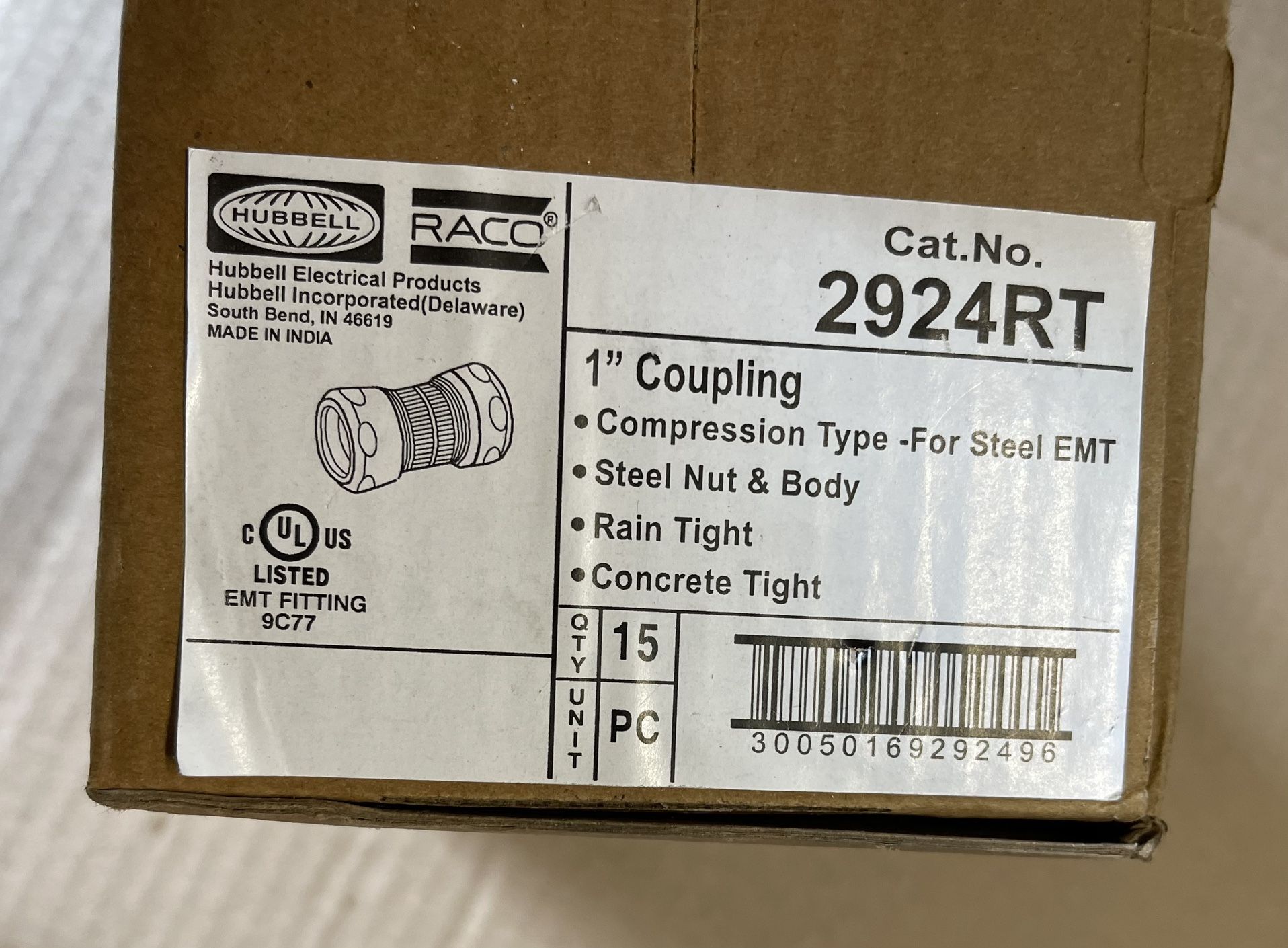 Hubbell - 2924RT-PACKOF15 - Hubbell-Raco 2924RT EMT Compression Coupling, 1 inch, Raintight, Steel