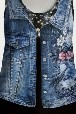 Printed Denim Vest Shirt Without Sleeves