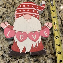 8 By 7 Inches Wide Wooden Gnome Holding Hearts Saying LOVE, Great For Gnome Lover, Thick Construction