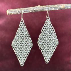 Large Stainless Steel Diamond-Shaped Chainmail Dangle Earrings