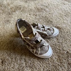 Tan, cream and gold Coach ‘Britt’ Velcro strap sneakers; excellent condition