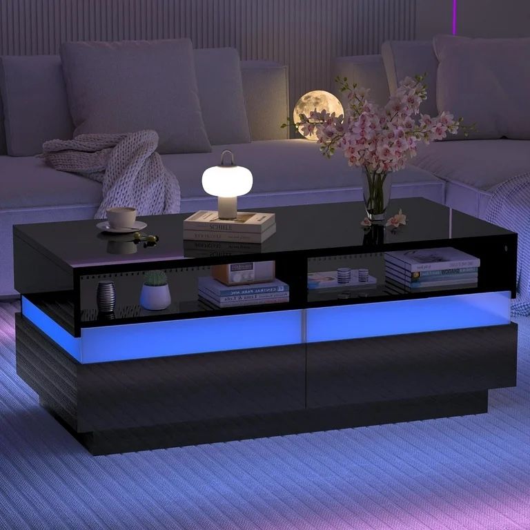ChVans Modern LED Coffee Table w/ 2 Storage Drawers,High Glossy 2-Tier Black Coffee Table w/ 60000-Color LED Lights,App Control,Rectangle Center Table