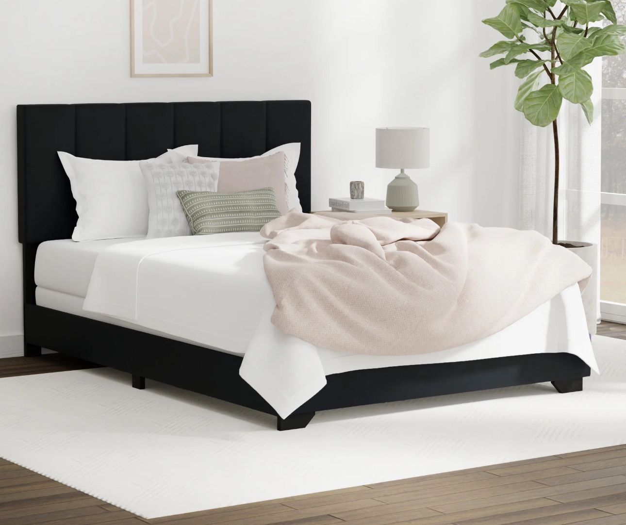 Reece Channel Stitched Upholstered Full Bed, Black, by Hillsdale Living Essentials