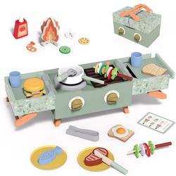 Wooden Kids Grill Playset, Barbecue Kitchen Toy Set for Kid Cooking, BBQ Grill Play Set with Sound Simulation Outdoor Camping Cooking Toys Birthday Gi