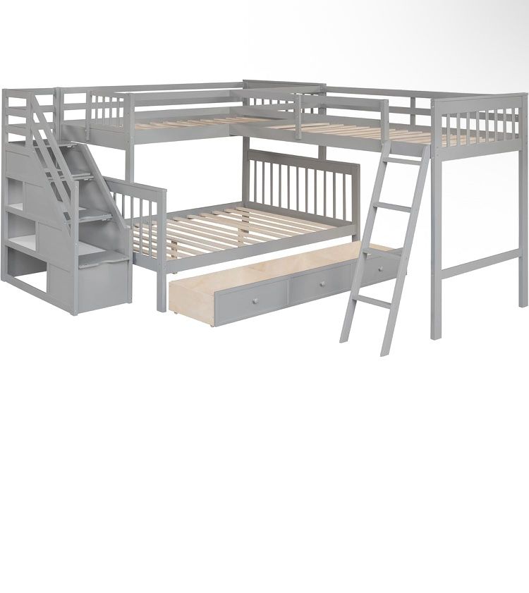 L-Shape Triple Bunk Beds with Stairs and Storage Drawers Twin Over Full Bed Gray