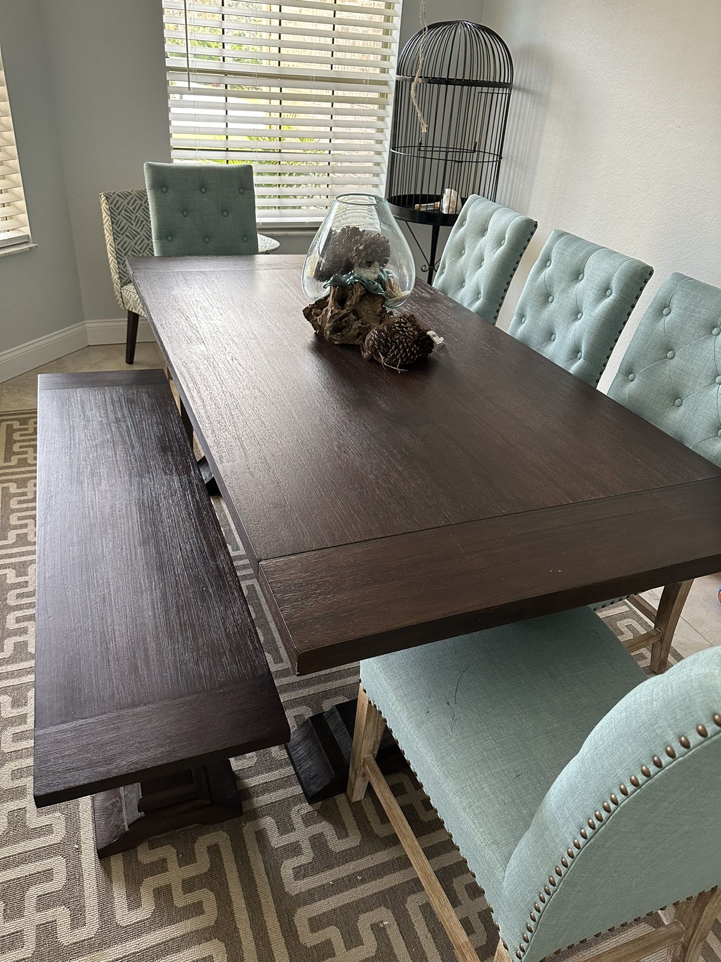 AVAILABLE $799 - Dining Set Includes Bench, Chairs And  Dining Chairs And New In The Box Table Leaf)