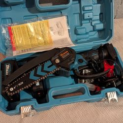 One-handed 6 Inch Mini Chainsaw- with Case, Extra Chains, 2 Batteries, Charger