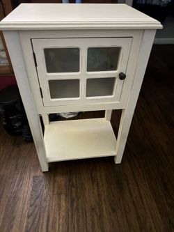 White side table or end table with a shelf and storage asking 70 obo don’t need 30 inches tall 19 wide 14 deep sturdy clean