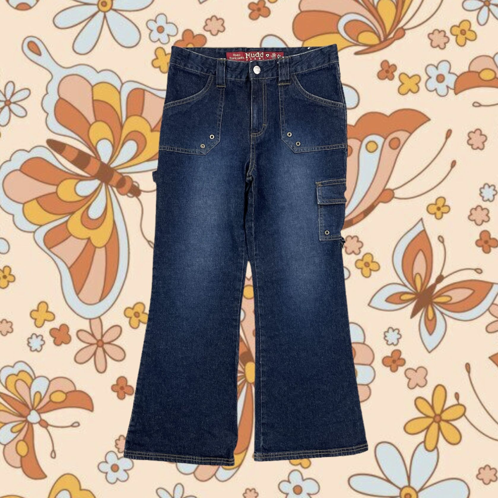 MUDD Y2K 2000’s Faded Dark Wash Utility High Rise Wide Straight Leg Crop Jeans