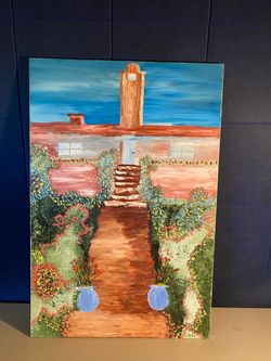 Original Oil Painting Garden Pathway Scene