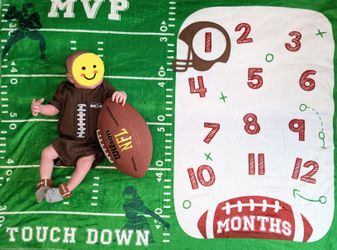 Newborn Football Baby Monthly Milestone Blanket + Seahawks Football Onesie  + 2 Pair Of Socks + Prop