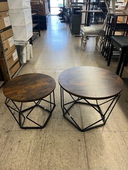 VASAGLE Small Round Coffee Table w/ Steel Frame Set of 2 - Brown