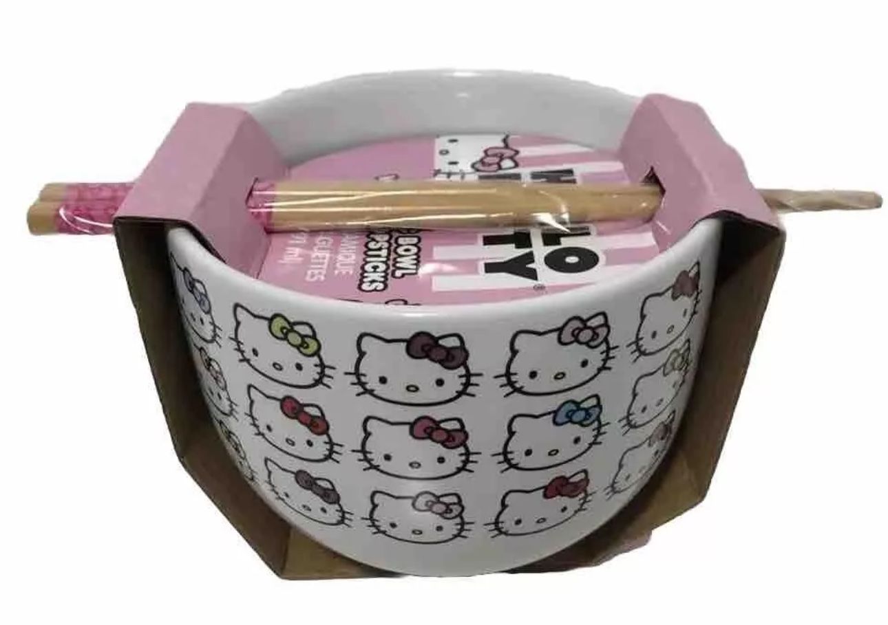 Hello Kitty Ceramic Noodle Bowl With Chopsticks New