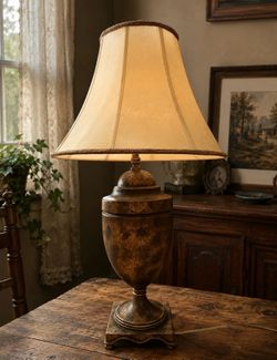 Large 33” Vintage Bronze Table Lamp with Fabric Shade