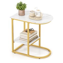  C Shaped End Table, Modern Sofa Side Table with Faux Marble Tabletop & Storage Shelf, Slide Under Sofa Bed, 2-Tier Couch Table for Small Spaces 