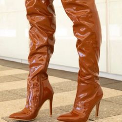 Cognac Overknee Heel Boots For $45