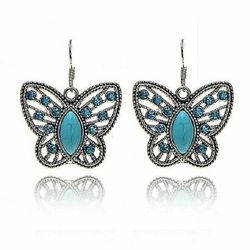 Tribal Tibetan Silver Turquoise Blue Rhinestone Butterfly Shaped Earrings
