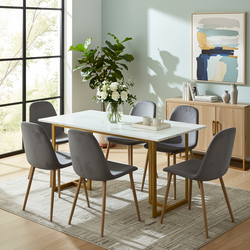 Homy Casa Slip 7PC Dining Set 55” White Marble Finish Table with Gold Base and 6 Charlton Velvet Chairs in Grey