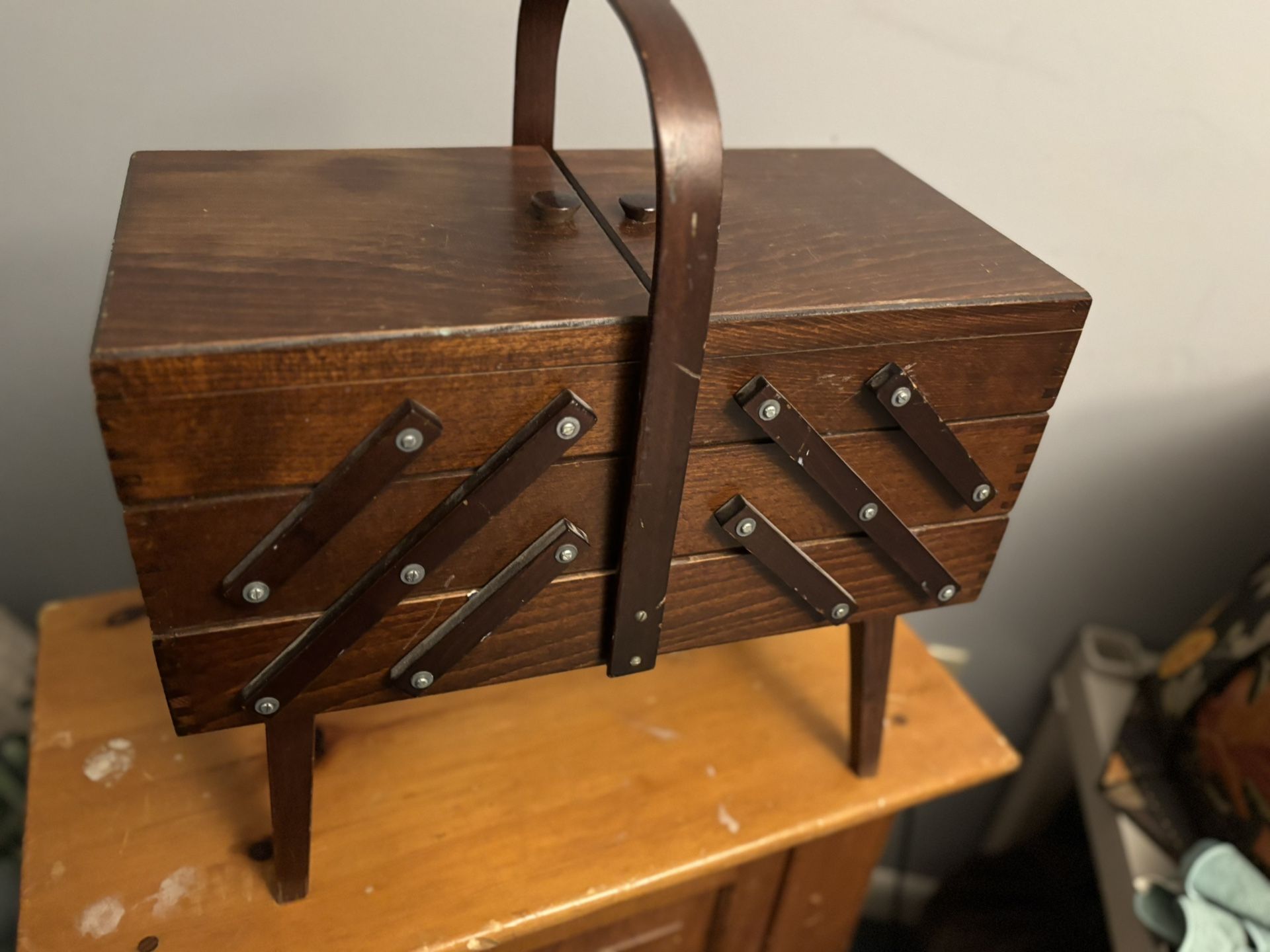 Vintage Wood Fold Out Accordion Style Sewing Box Organizer