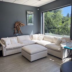 Ivory White Fabric w Feather Filled Modular Sectional - Cloud Collection 