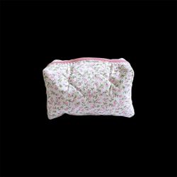 Pink Floral Print Quilted Cute Accessories Makeup Storage White Cosmetic Bag