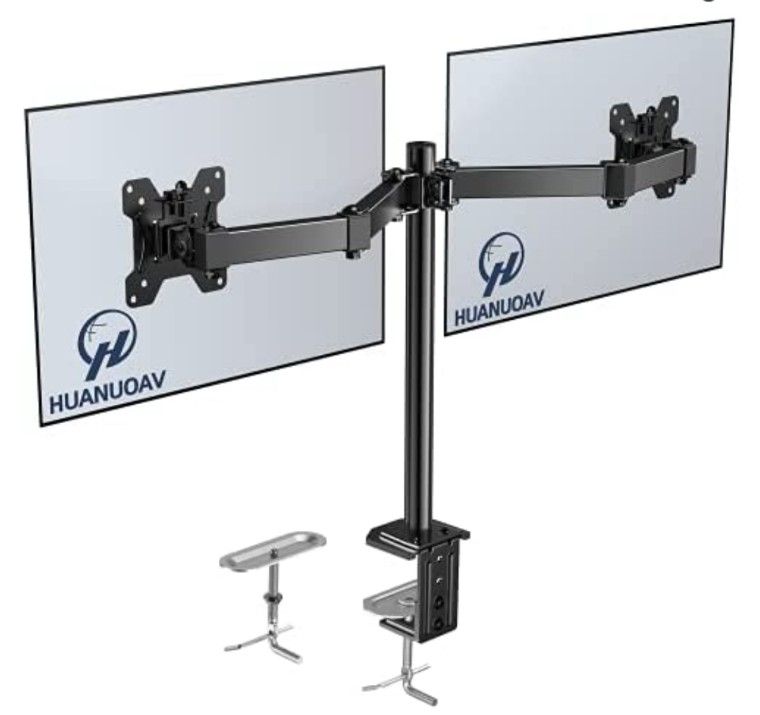 Double Monitor Stand - Dual Monitor Mount Desk Arm with C Clamp, Grommet Mounting Base for Two 13-27 Inch LCD Computer Screens - Each Holds up to 17.6