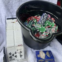 Poker Chips And  Playing Card Shoe