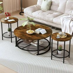 Coffee Table Set with Storage, 3 Pieces Living Room Table Set with 2 Round End Tables for Small Spaces Apartment Home, Brown