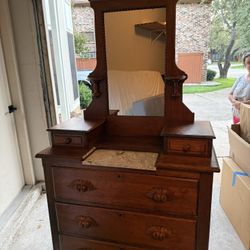 Antique Wooden Dresser With Mirror And Marble Top