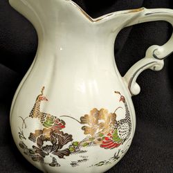 Cute Vintage Pitcher Jug 6 3/4" White With 24k Gold And Phesants. I love It, Just Can't Keep Everything.