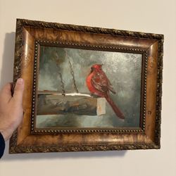 Framed Oil Painting – Red Cardinal Bird 