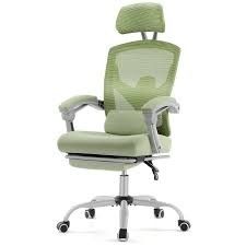 Office Desk Chair Recliner With Fold Out Foot Rest And Headrest Lumbar Pillow Green Mesh
