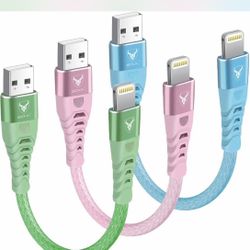 6” USB to Lightning Charging Cable Set - Green, Pink, Blue Pack of 3