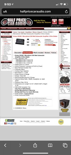 Kicker zx300.1 300 watt amplifier