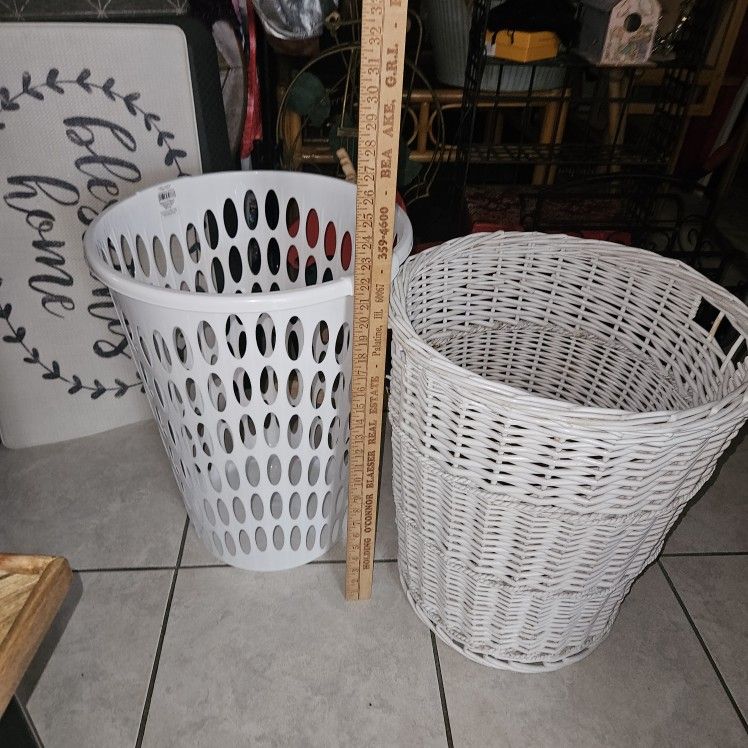 2  WHITE LAUNDRY BASKETS WICKER $10. PLASTIC $5