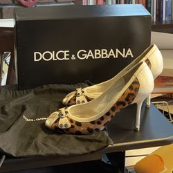 Dolce & Gabbana: White/Brown, Leopard, Leather & Calf Hair, Peep-Toe Pumps Sz 7