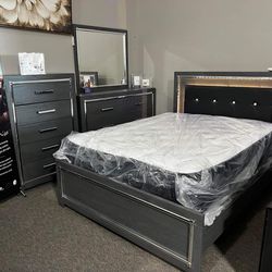 Grey Led queen panel bed frame, nightstand, dresser with mirror set