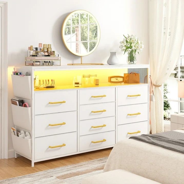 White Dresser TV Stand with Power Outlets &LED Lights&Entertainment Center Wide Dresser for Bedroom with 10 Drawers Side Pockets & Hook Fabric Chest o