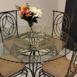 Metal Frame Dining Table & Chairs With Glass Top